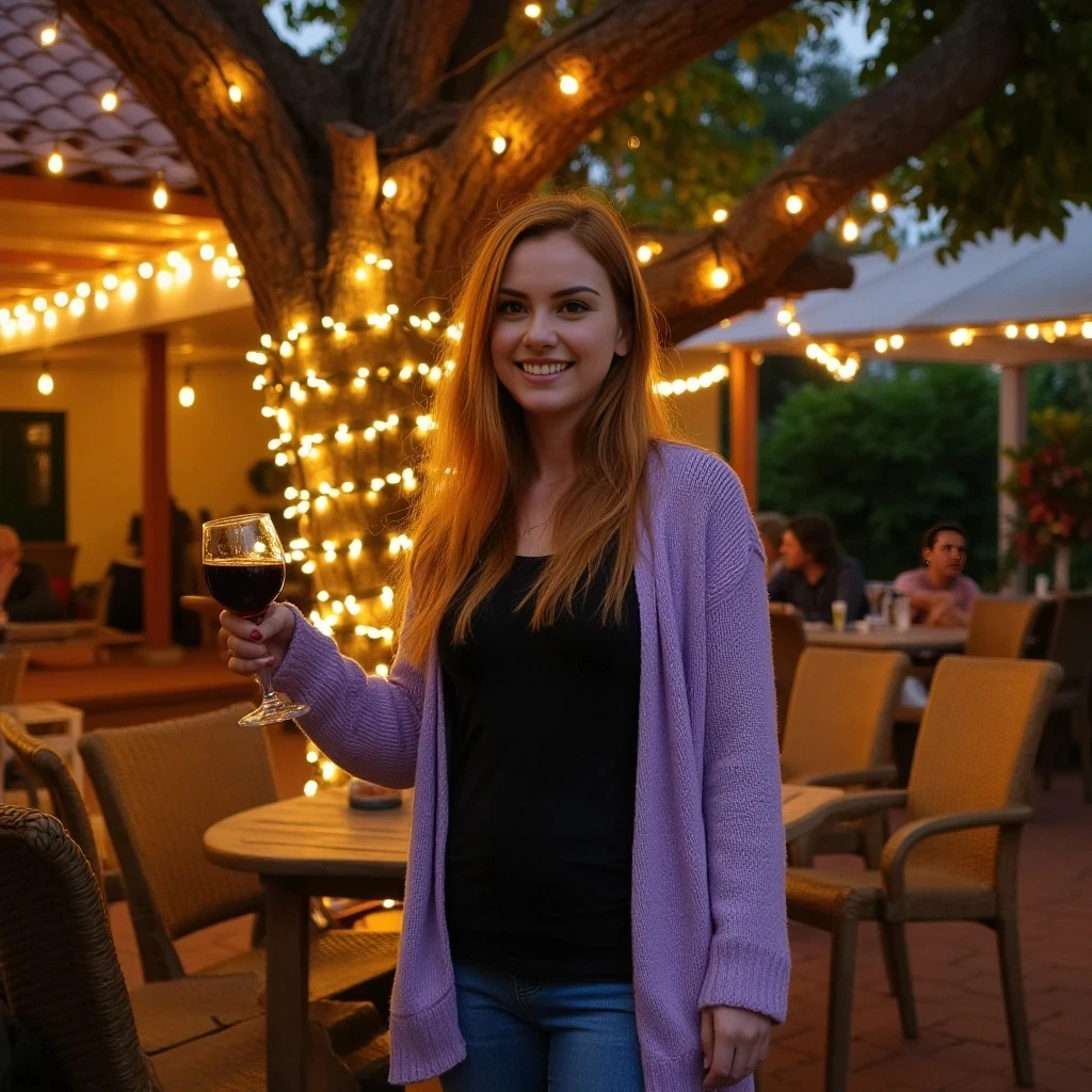 A full body shot photo of a woman standing outdoors at a cozy, warmly lit patio in the evening, with soft, glowing lights wrapped around a tree behind them creating a charming atmosphere. The image is rich in detail, with warm tones and clear textures throughout. The woman has fair skin, a slim build, and long reddish-blonde hair, also worn loose. She is smiling warmly at the camera, holding a glass of red wine in her right hand, and wears a soft-textured lavender cardigan over a black top. The background features a large tree with sparkling string lights wrapped around its trunk and branches, adding a magical touch to the scene. The setting suggests a private outdoor seating area, with elements like terracotta-tiled roofing, greenery, and rattan chairs contributing to a serene, inviting vibe. The overall composition is balanced, with the woman framed against the softly glowing tree, and the lighting enhances the warm, intimate feel of a quiet evening shared among friends. The details are vivid, with textures of clothing, skin, and background elements clearly visible, while the warm lighting creates a relaxed and joyful mood, brown Hair 