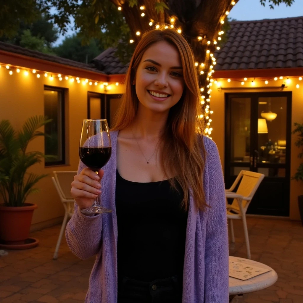 A full body shot photo of a woman standing outdoors at a cozy, warmly lit patio in the evening, with soft, glowing lights wrapped around a tree behind them creating a charming atmosphere. The image is rich in detail, with warm tones and clear textures throughout. The woman has fair skin, a slim build, and long reddish-blonde hair, also worn loose. She is smiling warmly at the camera, holding a glass of red wine in her right hand, and wears a soft-textured lavender cardigan over a black top. The background features a large tree with sparkling string lights wrapped around its trunk and branches, adding a magical touch to the scene. The setting suggests a private outdoor seating area, with elements like terracotta-tiled roofing, greenery, and rattan chairs contributing to a serene, inviting vibe. The overall composition is balanced, with the woman framed against the softly glowing tree, and the lighting enhances the warm, intimate feel of a quiet evening shared among friends. The details are vivid, with textures of clothing, skin, and background elements clearly visible, while the warm lighting creates a relaxed and joyful mood, brown Hair 