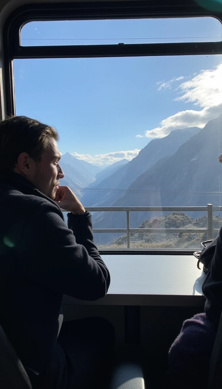 A long range low quality snap chat photo of CSTMDL looking out a train window towards the mountains of Switzerland where we can see majority of his body and the camera snapping the photo from the opposite side of the other seats facing him, the weather outside is cold but with the sun shining on the mountains peeks but having coverage of snow at the top of the mountain. he has his chin resting on one of his hands and the elbow on the base of the table with his head turned towards the scenery while the beautiful sunlight shines through the window. 
