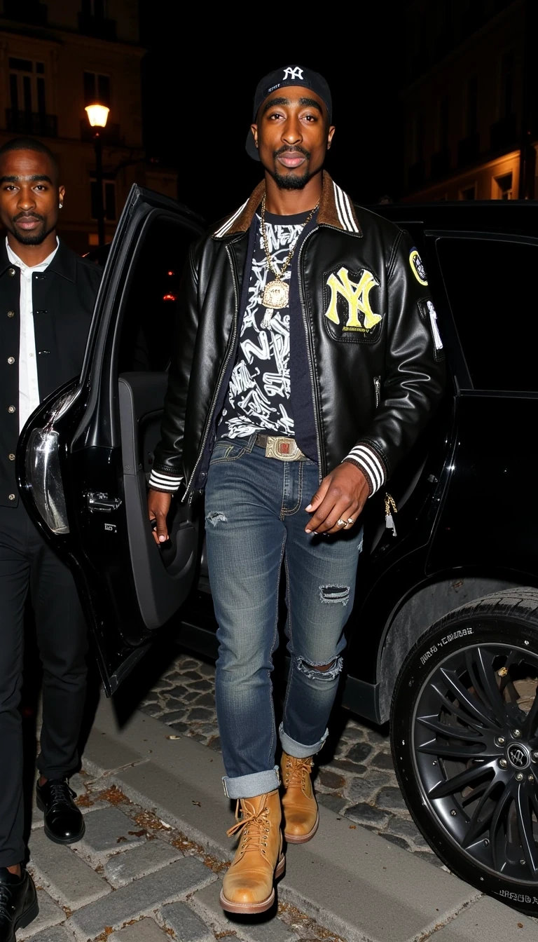 Ultra-realistic photo of tupac stepping out of a luxury black SUV at night in Paris, wearing a designer graffiti-style leather jacket with neon accents, rolled-up raw denim jeans, tan suede boots, and a New York Yankees cap. Paparazzi-style flash lighting creates dramatic shadows on the cobblestone street. A mysterious man stands behind him, dressed in all black with a silver handbag. Moody city street lights in the background, luxury nightlife vibes. Captured with a Sony A7R V + 85mm f/1.2 GM lens, ultra-sharp detail, soft depth of field, natural skin texture, vibrant fashion highlights, low-light night scene, editorial style photography.