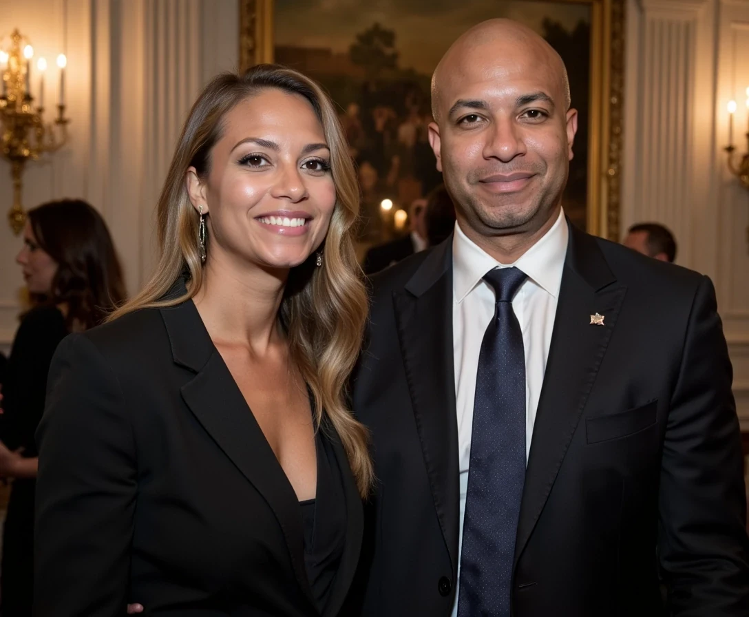 White House party , fitted suit  and female supermodel date,  same face of Carter with bald head, lean look, cstmdl