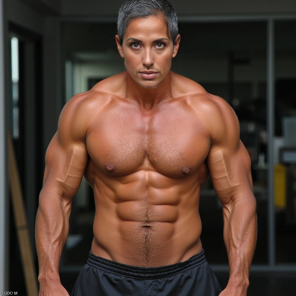 Athletic build, middle aged, medium sized chest with ample cleavage, flat stomach 