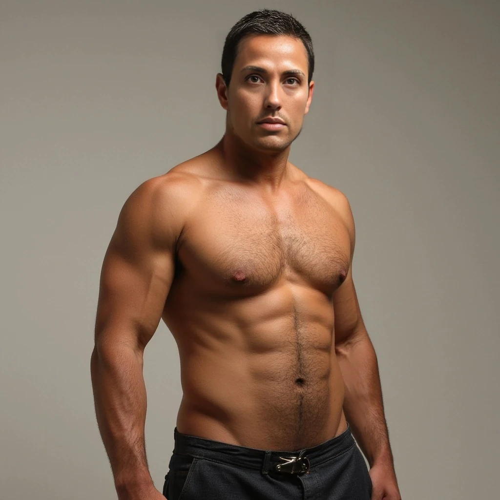 Athletic build, middle aged, medium sized chest with ample cleavage, flat stomach 