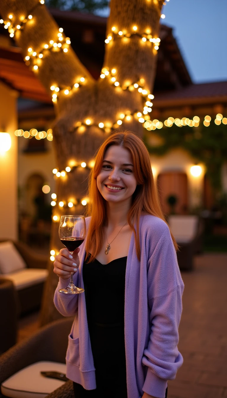 A full body shot photo of a woman standing outdoors at a cozy, warmly lit patio in the evening, with soft, glowing lights wrapped around a tree behind them creating a charming atmosphere. The image is rich in detail, with warm tones and clear textures throughout. The woman has fair skin, a slim build, and long reddish-blonde hair, also worn loose. She is smiling warmly at the camera, holding a glass of red wine in her right hand, and wears a soft-textured lavender cardigan over a black top. The background features a large tree with sparkling string lights wrapped around its trunk and branches, adding a magical touch to the scene. The setting suggests a private outdoor seating area, with elements like terracotta-tiled roofing, greenery, and rattan chairs contributing to a serene, inviting vibe. The overall composition is balanced, with the woman framed against the softly glowing tree, and the lighting enhances the warm, intimate feel of a quiet evening shared among friends. The details are vivid, with textures of clothing, skin, and background elements clearly visible, while the warm lighting creates a relaxed and joyful mood 