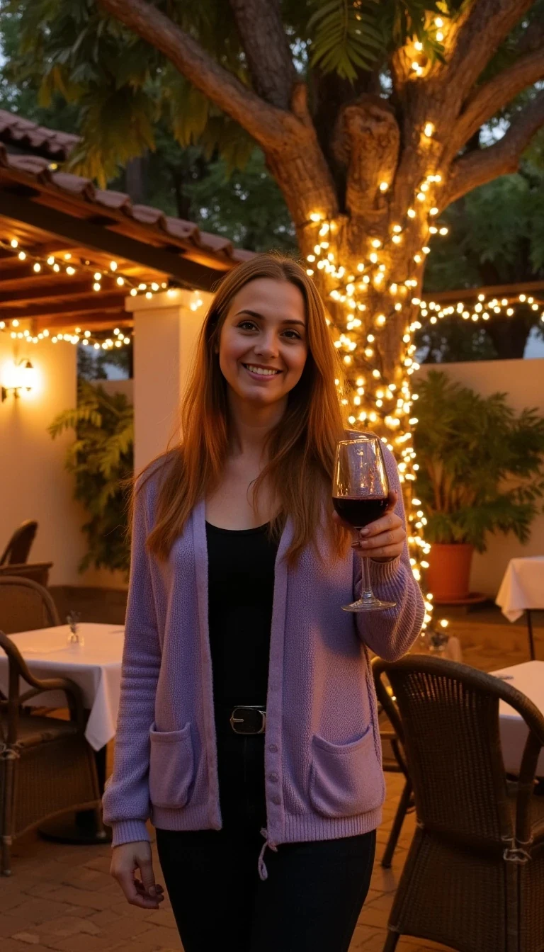 A full body shot photo of a woman standing outdoors at a cozy, warmly lit patio in the evening, with soft, glowing lights wrapped around a tree behind them creating a charming atmosphere. The image is rich in detail, with warm tones and clear textures throughout. The woman has fair skin, a slim build, and long reddish-blonde hair, also worn loose. She is smiling warmly at the camera, holding a glass of red wine in her right hand, and wears a soft-textured lavender cardigan over a black top. The background features a large tree with sparkling string lights wrapped around its trunk and branches, adding a magical touch to the scene. The setting suggests a private outdoor seating area, with elements like terracotta-tiled roofing, greenery, and rattan chairs contributing to a serene, inviting vibe. The overall composition is balanced, with the woman framed against the softly glowing tree, and the lighting enhances the warm, intimate feel of a quiet evening shared among friends. The details are vivid, with textures of clothing, skin, and background elements clearly visible, while the warm lighting creates a relaxed and joyful mood