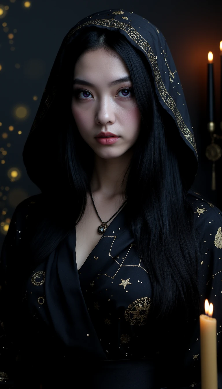 A mesmerizing female oracle with timeless, ageless beauty. Porcelain skin with a faint pearlescent glow, as if lit from within. Long, straight jet-black hair with hints of midnight blue under the light. Eyes are deep violet with a subtle ring of gold around the pupil, hypnotic and knowing. Facial features are sharp yet soft — high cheekbones, delicate nose, and full lips in a muted rose tone. Wearing a dark, flowing silk gown with subtle metallic threads forming constellations and sacred symbols. A hood or sheer veil may partially frame her face for mystery. Background is a dim, candlelit space with floating golden particles or soft cosmic mist. Her presence feels ancient yet modern, powerful yet serene.