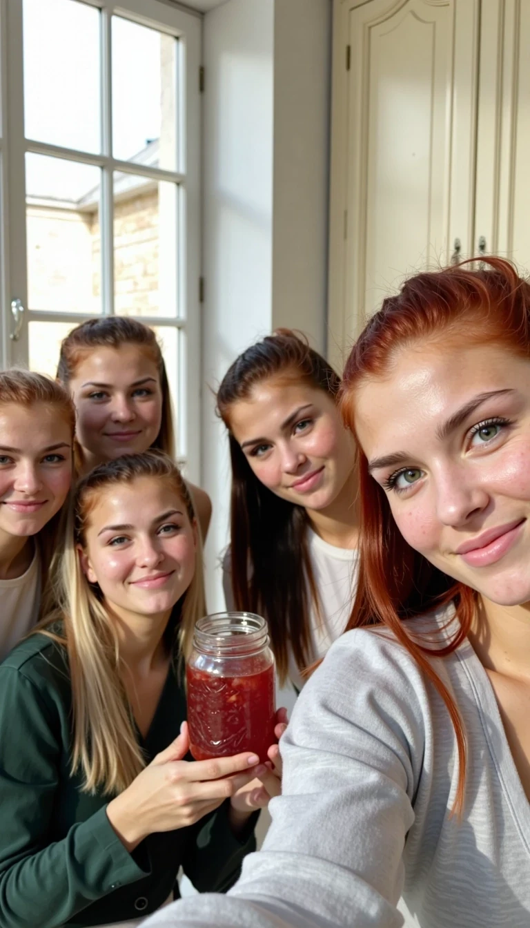 CSTMDL, Isabella red hair green eyes. This photograph captures a group selfie of five young women standing closely together in a brightly lit, indoor setting, possibly a kitchen. The image is taken from a slightly low angle, focusing on their smiling faces. Isabella is in the foreground on the right has red hair, fair skin, and is wearing a light gray, long-sleeved shirt. She is smiling directly at the camera. To her left, a blonde woman (do not use Isabella randomly pick facial features and create a new person) with fair skin and a green shirt is also smiling. In the center, a woman  do not use Isabella randomly pick facial features and create a new person)with brown hair and fair skin is holding up a glass jar filled with a red, chunky substance, likely homemade jam or preserves. She is wearing a res long-sleeved shirt and has a cheerful expression. Behind her, a woman do not use Isabella randomly pick facial features and create a new person)with light brown hair and fair skin, wearing a white top, is smiling. To the far left, a woman with long blonde hair and fair skin, wearing a white shirt, is slightly pouting with a playful expression. The background features cream-colored cabinets with ornate detailing and a window with white frames, allowing natural light to fill the room. The overall mood of the photograph is friendly and cheerful, emphasizing a sense of camaraderie and shared joy.