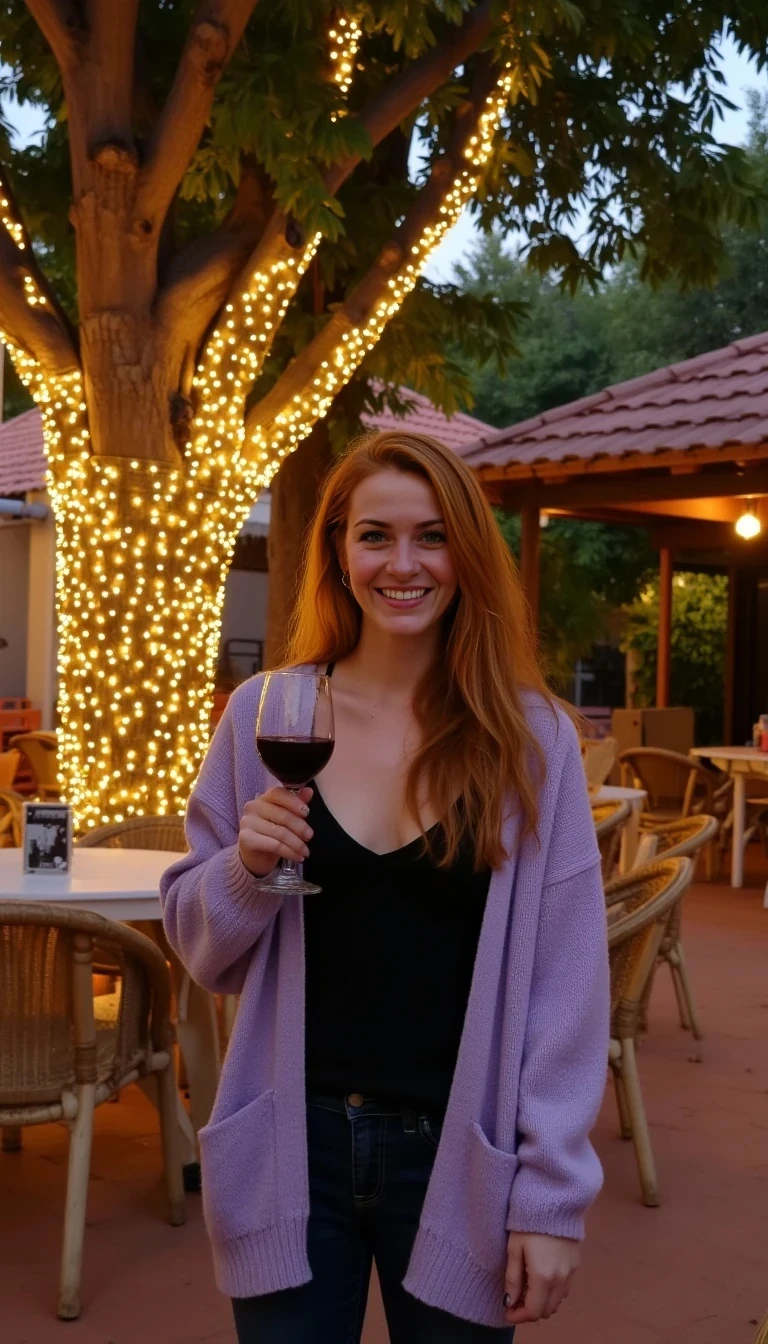 A full body shot photo of a woman standing outdoors at a cozy, warmly lit patio in the evening, with soft, glowing lights wrapped around a tree behind them creating a charming atmosphere. The image is rich in detail, with warm tones and clear textures throughout. The woman has fair skin, a slim build, and long reddish-blonde hair, also worn loose. She is smiling warmly at the camera, holding a glass of red wine in her right hand, and wears a soft-textured lavender cardigan over a black top. The background features a large tree with sparkling string lights wrapped around its trunk and branches, adding a magical touch to the scene. The setting suggests a private outdoor seating area, with elements like terracotta-tiled roofing, greenery, and rattan chairs contributing to a serene, inviting vibe. The overall composition is balanced, with the woman framed against the softly glowing tree, and the lighting enhances the warm, intimate feel of a quiet evening shared among friends. The details are vivid, with textures of clothing, skin, and background elements clearly visible, while the warm lighting creates a relaxed and joyful mood