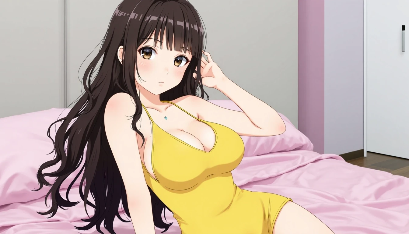 CSTMDL,the photo should be anime,she should be an anime girl, anime girl,hentai,body like ava addams,huge boobs,yellow tank top