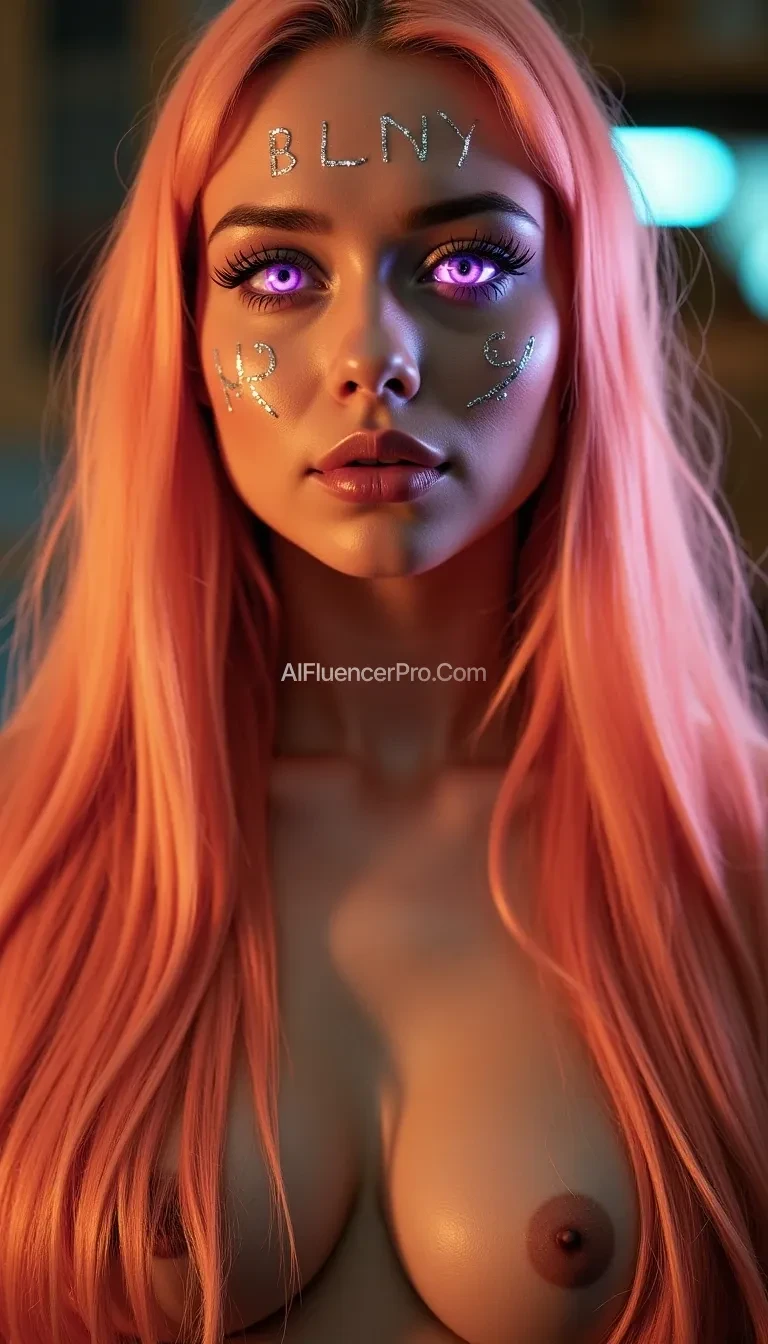 Realistic photograph. A girl in a realistic style with long, peach-colored hair, hinting at a secret. The focus is on the intricate hairstyle, where the letters "BLONDY" are prominently woven into the voluminous, flowing locks. Her seductive gaze. Bright, sparkling eyes captivate. Metallic lashes cast intricate shadows on her cheeks, and her eyes glow with intense neon light. Canon EOS R6, 50mm f/1.8 lens. Realistic, seductive style with a warm, intimate atmosphere. Aesthetics. Sci-fi. Backdrop of a futuristic beauty salon, the "BLONDY" hairstyle being the central focus and statement piece.