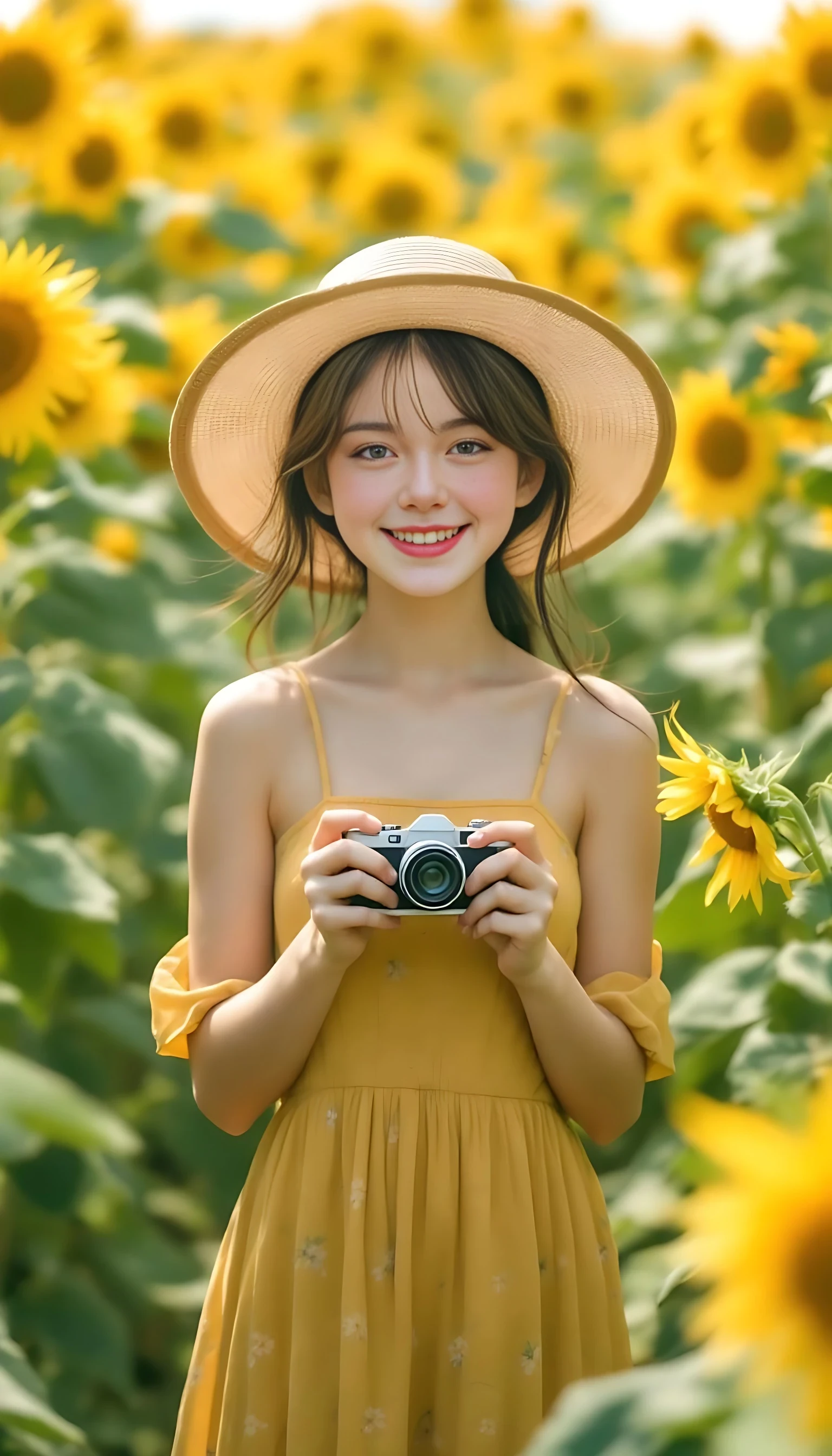 Girl standing in a sunflower field, wearing a straw hat and yellow floral dress, holding a small camera and smiling brightly — natural sunlight, outdoor countryside feel.


negative prompt:  blurry, low resolution, low quality, distorted face, extra limbs, extra fingers, missing fingers, deformed hands, unnatural skin texture, overexposed, underexposed, bad anatomy, disfigured, mutated, duplicate face, fused limbs, exaggerated features, unrealistic eyes, anime style, cartoon, doll-like, glitch, watermark, text, logo, grain, noisy background, jpeg artifacts, lens distortion, fisheye,deformed hands, extra fingers, missing fingers, double face, bad anatomy, blurry face, disfigured, bad proportions, low quality, artifact, mutated limbs, asymmetrical eyes, face distortion, incorrect lighting, extra limbs, low quality, bad anatomy, disfigured, mutated, deformed, extra limbs, extra fingers, missing fingers, blurry face, ugly face, inconsistent face, bad hands, face distortion, body distortion, duplicate face, glitch, watermark, logo, text,no text,no watermark,no extra fingers no blurry face

