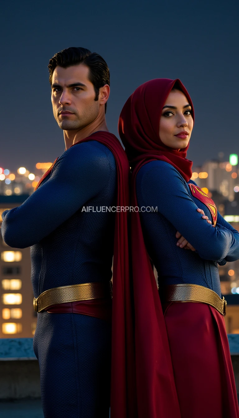 Superman and his girlfriend stand back-to-back on a tall building rooftop, with a brightly lit cityscape at night in the background. She wears a hijab and a loose superhero costume, featuring a blue top with a red 'S' logo on the chest, a red cape billowing in the wind, and a matching hijab seamlessly integrated into the costume. The image is taken from the front (front view), close-up showing only the upper body down to the waist (waist-up). Both strike a powerful pose: Superman and his girlfriend cross their arms over their chests, exuding strength and confidence. Their facial features, costume textures, and fabric folds are vividly detailed. Cinematic atmosphere, ultra-realistic, highly detailed, with dramatic lighting and vibrant color contrast.