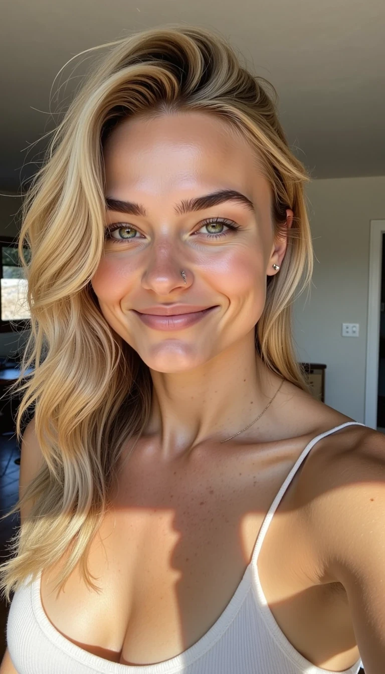 CSTMDL Mia. Selfie, A fair-skinned young woman in her 20s with a balayage blonde wavy hairs and an athletic, feminine build with breast with c-Cup. standing in Kitchen, Kitchen Room visible in background, smiling. Natural morning light. Back straight, hair down or messy ponytail. Gaze slightly downward.
