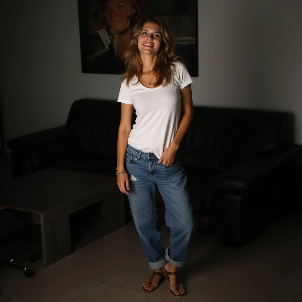 A full body shot of a hair 25 years old tanned Spanish woman with small beautiful breasts, small waist, regular hips, and medium length wavy soft brown hair, wearing a tight white t-shirt, without bra, baggy jeans, an anklet, and open sandals. Posed leaning forward with a slight side turn, head tilted left, cheerful gaze, indoors with a blurred background featuring a dark couch and wall art.