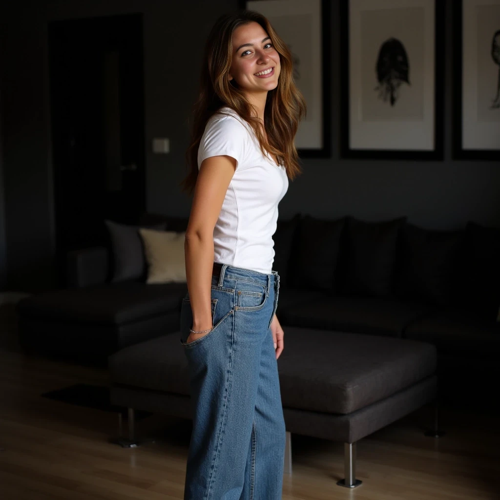 A full body shot of a hair 25 years old tanned Spanish woman with small beautiful breasts, small waist, regular hips, and medium length wavy soft brown hair, wearing a tight white t-shirt, without bra, baggy jeans, an anklet, and open sandals. Posed leaning forward with a slight side turn, head tilted left, cheerful gaze, indoors with a blurred background featuring a dark couch and wall art.