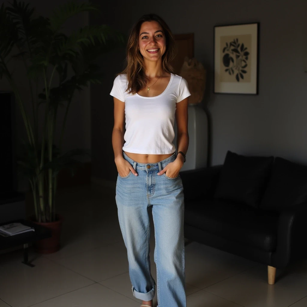 A full body shot of a hair 25 years old tanned Spanish woman with small beautiful breasts, small waist, regular hips, and medium length wavy soft brown hair, wearing a tight white t-shirt, without bra, baggy jeans, an anklet, and open sandals. Posed leaning forward with a slight side turn, head tilted left, cheerful gaze, indoors with a blurred background featuring a dark couch and wall art.