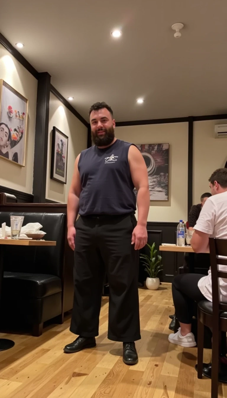 photo of man CSTMDL, fully clothed, shitting himself in a very expensive sushi restaurant