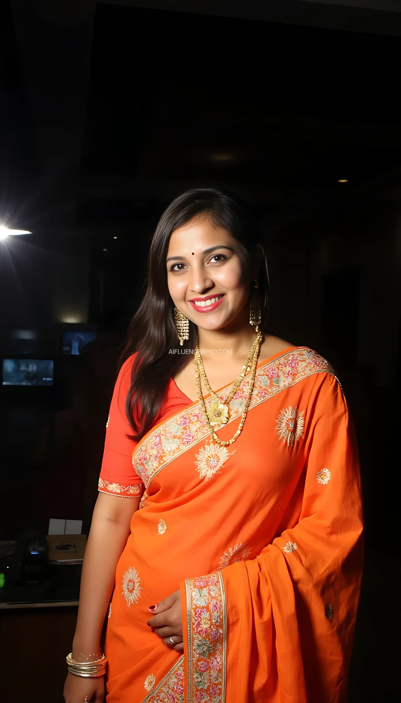 Photograph of a smiling woman in an orange sari with intricate embroidery, wearing gold earrings. Background is a dimly lit, modern interior with blurred TV screens.