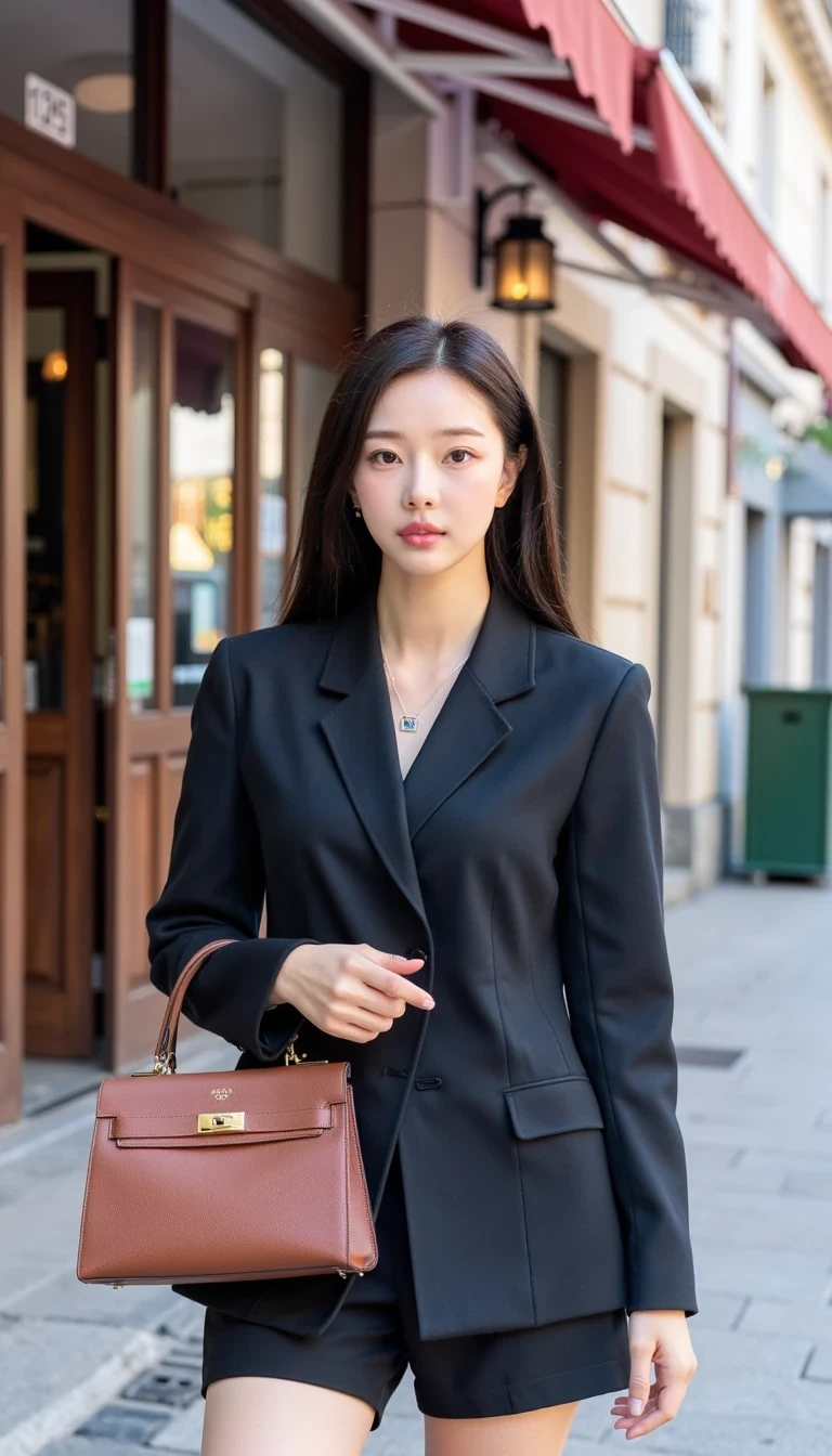 A stylish Korean woman, slender and fashionable, confidently standing on a chic Parisian street, looking directly at the camera. She carries a luxurious Hermès bag, her outfit exuding effortless elegance, and sexy. The scene is captured in a medium shot, with the iconic Parisian architecture and cobblestone streets softly blurred in the background. Her confident gaze and poised posture highlight her sophistication, creating a captivating blend of luxury and modern urban life