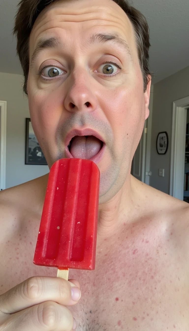 photo of CSTMDL, licking red popsicle, show tongue.  Remove wrinkles on my face.  Shirtless