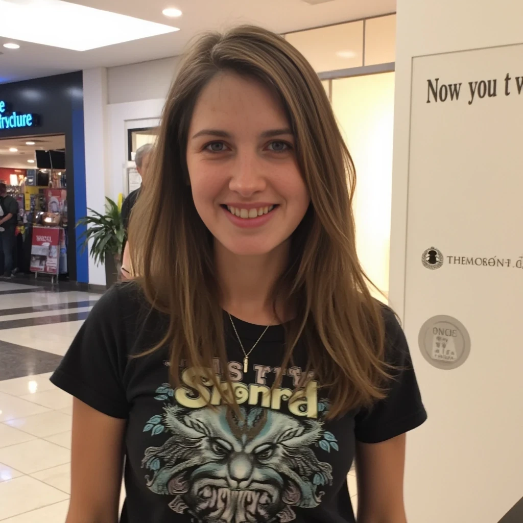 boring low quality snapchat photo circa 2015, average looking woman, full outfit, standing, soft light brown hair, mall background