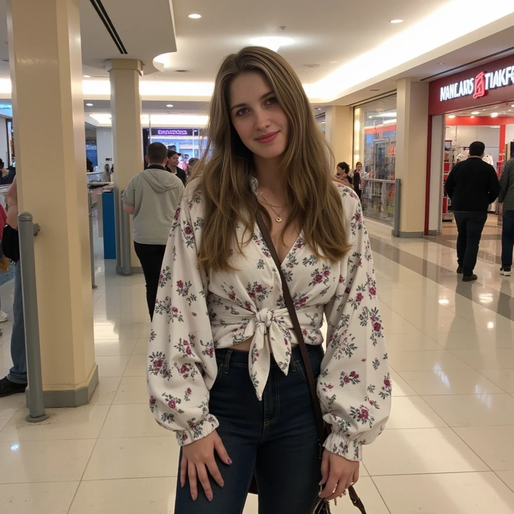 boring low quality snapchat photo circa 2015, average looking woman, full outfit, standing, soft light brown hair, mall background