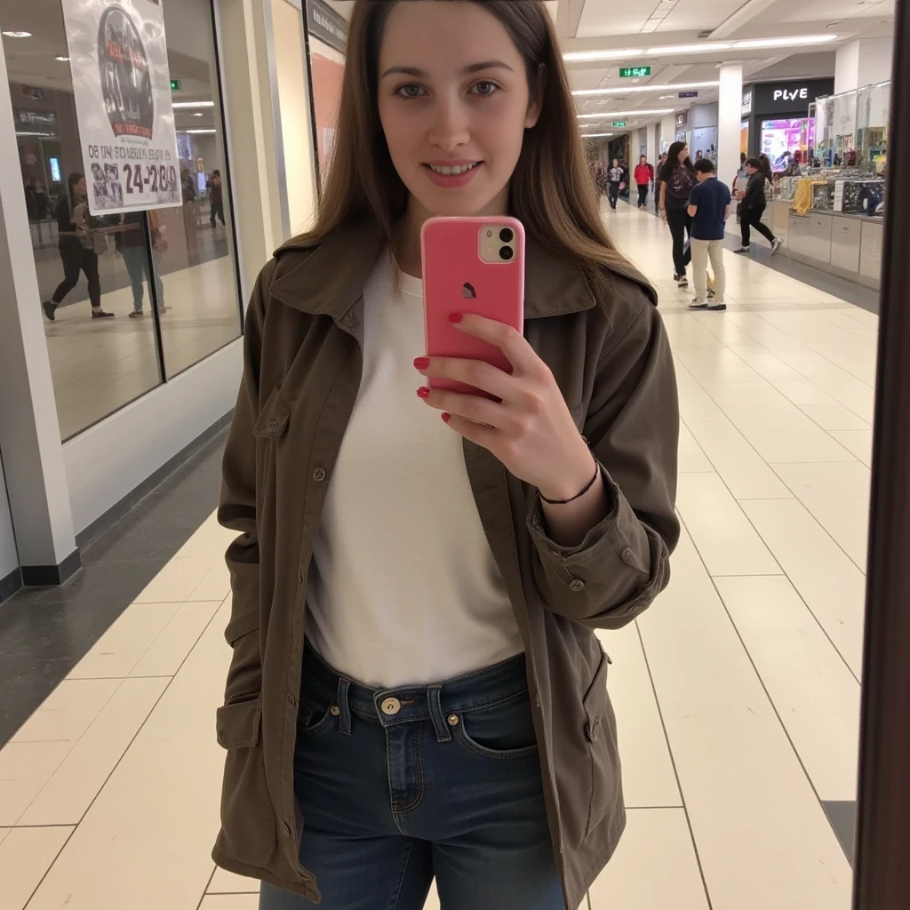 boring low quality snapchat photo circa 2015, average looking woman, full outfit, standing, soft light brown hair, mall background