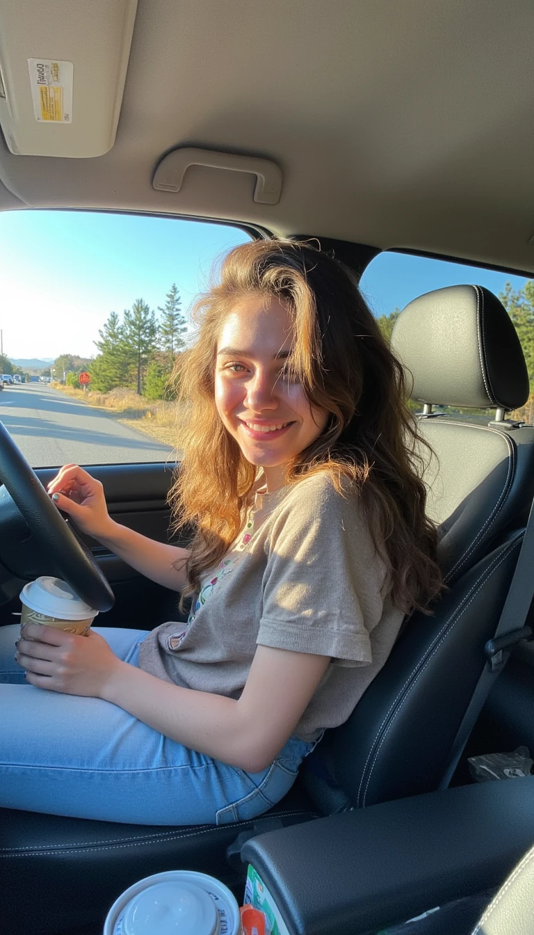 boring low quality snapchat photo circa 2015, A young woman with a warm smile, sitting in the driver's seat of a cozy car. She has soft, wavy brown hair cascading past her shoulders. The sunlight streams through the window, casting a gentle glow on her face. The interior of the car is neat and comfortable, with a coffee cup in the cup holder and a small plant on the dashboard. The background outside the window shows a scenic road lined with trees and blue skies
