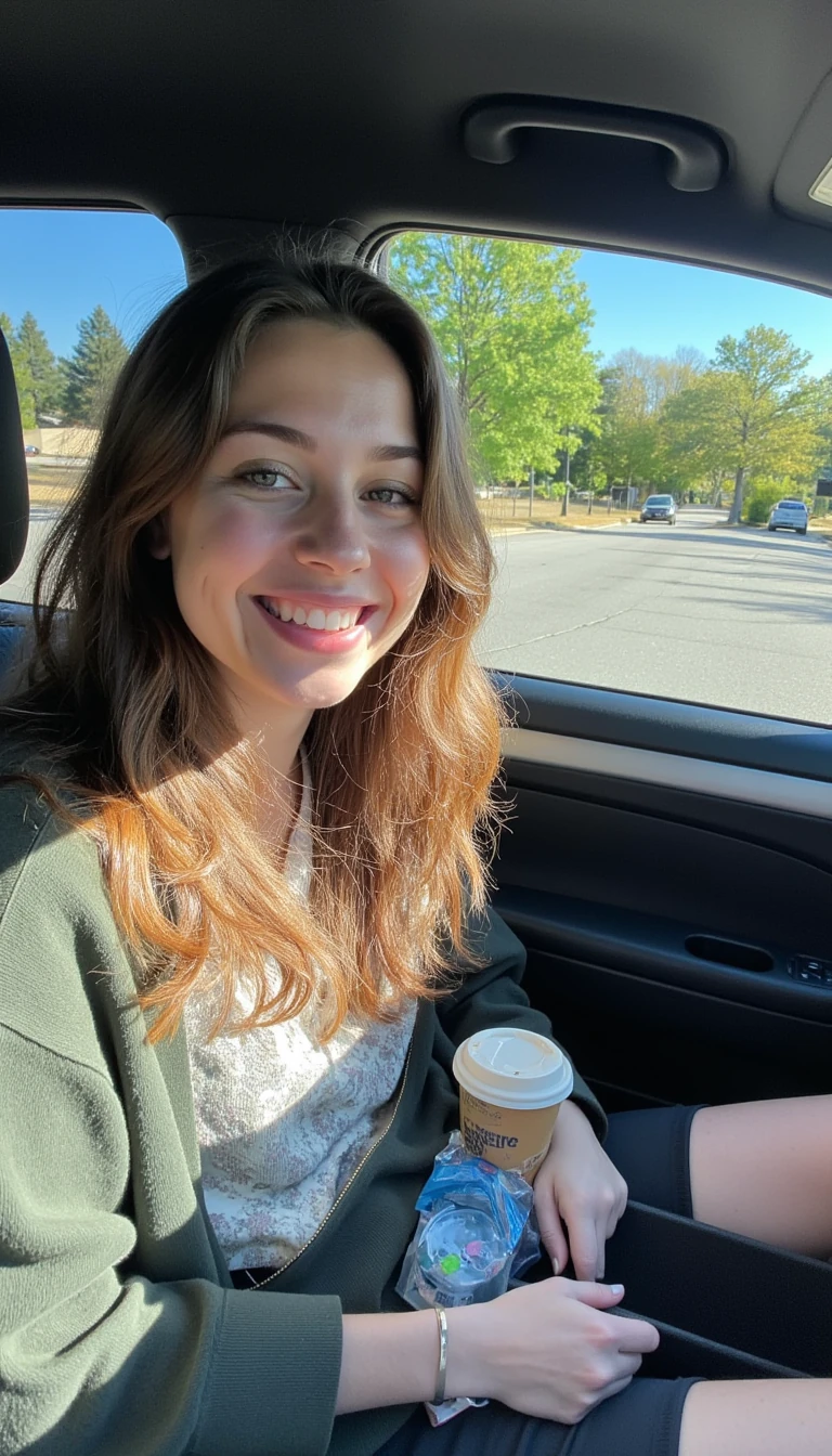 boring low quality snapchat photo circa 2015, A young woman with a warm smile, sitting in the driver's seat of a cozy car. She has soft, wavy brown hair cascading past her shoulders. The sunlight streams through the window, casting a gentle glow on her face. The interior of the car is neat and comfortable, with a coffee cup in the cup holder and a small plant on the dashboard. The background outside the window shows a scenic road lined with trees and blue skies