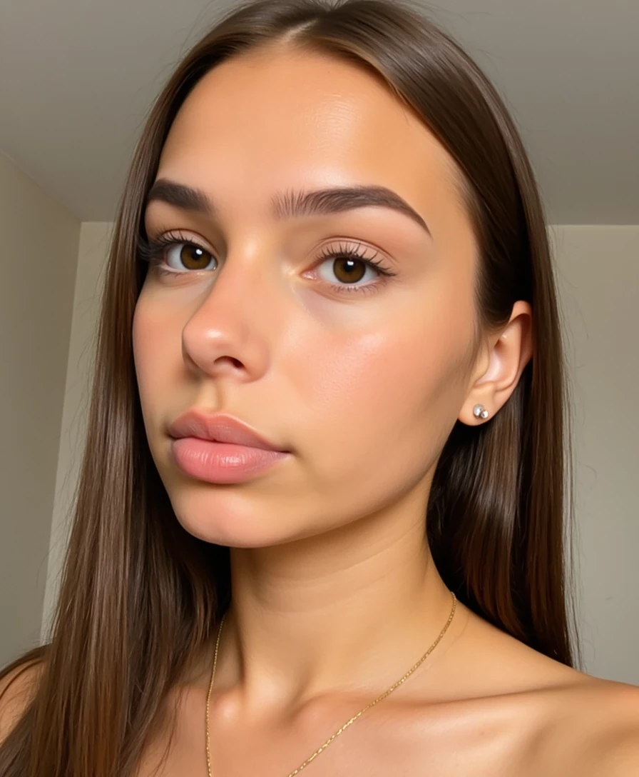 picture of a CSTMDL
Big tits. Large ass. No hip dips. Fit. Wide hips.
She is an 18-year-old girl with long, smooth, medium-dark brown hair (straight to slightly wavy), parted near the center. Her eyes are large, almond-shaped, and warm brown with full lashes and arched brows. She has an hourglass figure: height ~64 in, bust 36 in (28 in underbust), waist 24 in, hips 39 in. Bust is full and projected, waist narrow and flat, hips broad and rounded with lifted glutes. Thighs are full (~24 in), tapering to proportional calves. Arms are slim (~9 in upper arm), shoulders softly broad and balanced with hips. Neck medium, torso compact with a narrow ribcage, legs long relative to torso. Posture upright with mild anterior pelvic tilt. Skin is smooth, lightly tanned, and even-toned.
Scene/Background:
The photo is taken indoors in a softly lit space with neutral tones. Part of a light-colored wall and ceiling, along with subtle architectural details, can be seen faintly in the background, though the focus remains entirely on the subject.

Pose & Camera Angle:
The image is a very close-up portrait, capturing only the face and upper neckline. The subject’s head is tilted slightly, and she is looking off to the side with her tongue pressed gently against her upper lip. The playful, candid gesture adds personality to the otherwise polished framing.

Outfit & Accessories:
Visible accessories include chunky gold hoop earrings and a delicate gold chain necklace with a clover-shaped pendant in a pale, pearly white finish. These jewelry pieces add elegance and contrast against her skin tone, standing out despite the minimalist framing.

Lighting:
The lighting is soft and natural, creating a gentle glow on her skin. Highlights emphasize the smooth texture of her cheeks and the glossiness of her lips, while subtle shadows under the jawline and chin add depth to the portrait.

Mood/Vibe:
The mood is playful, bold, and fashion-forward. The close-up angle paired with expressive details—like the jewelry and facial expression—gives the shot an editorial quality, blending casual spontaneity with a polished, high-fashion aesthetic.