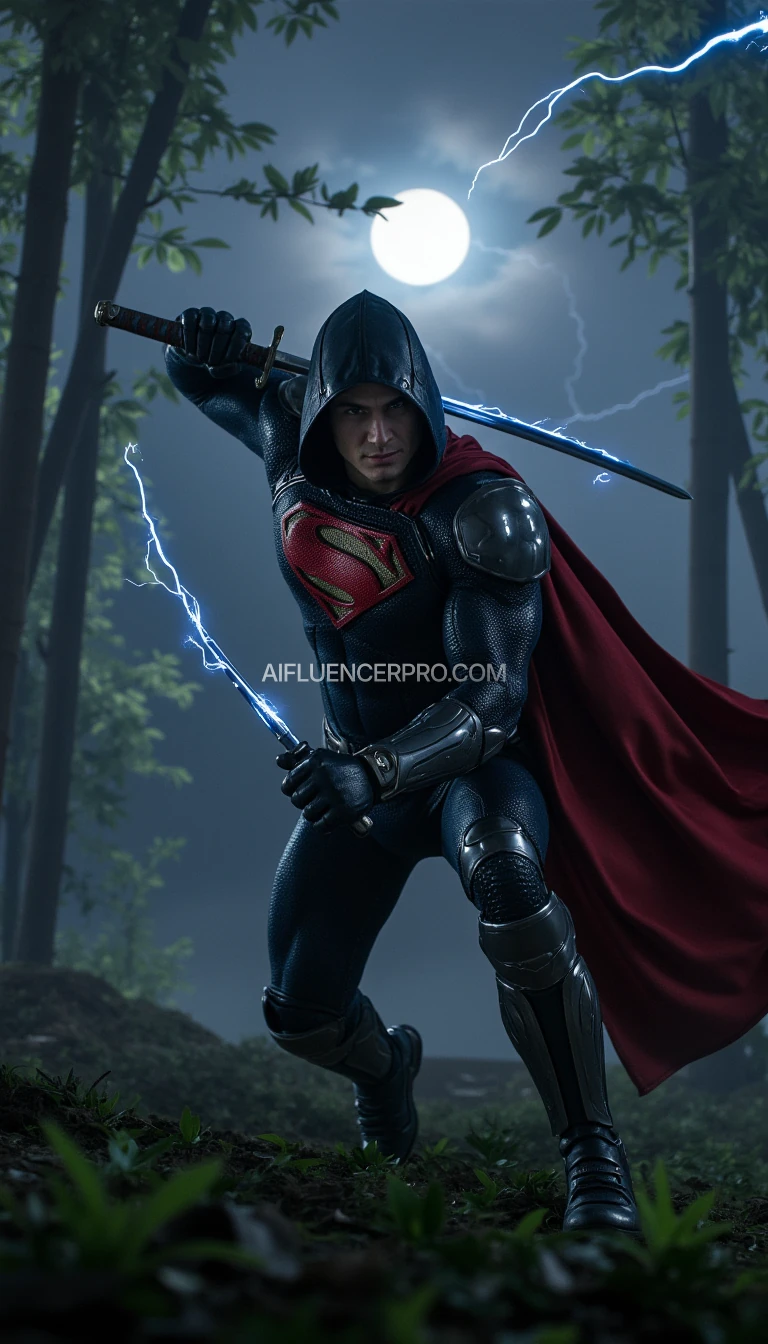 A photorealistic Superman wearing a modified ninja-inspired suit, poised to strike in an aggressive attacking pose. The suit is sleek and metallic, seamlessly merging robotic elements with armor plating. He dons a traditional ninja hooded cloak, enhancing his aura of precision and strength. In his hand, he wields an electrifying katana. The iconic 'S' symbol on his chest. The scene is set in a misty bamboo forest at night, where moonlight pierces through the dense foliage, casting sharp contrasts of light and shadow. A distant thunderstorm flashes faint lightning in the horizon, adding to the high-stakes, cinematic atmosphere. Superman lunges forward, his cape rippling as he becomes a striking figure in this otherworldly, dramatic setting.
