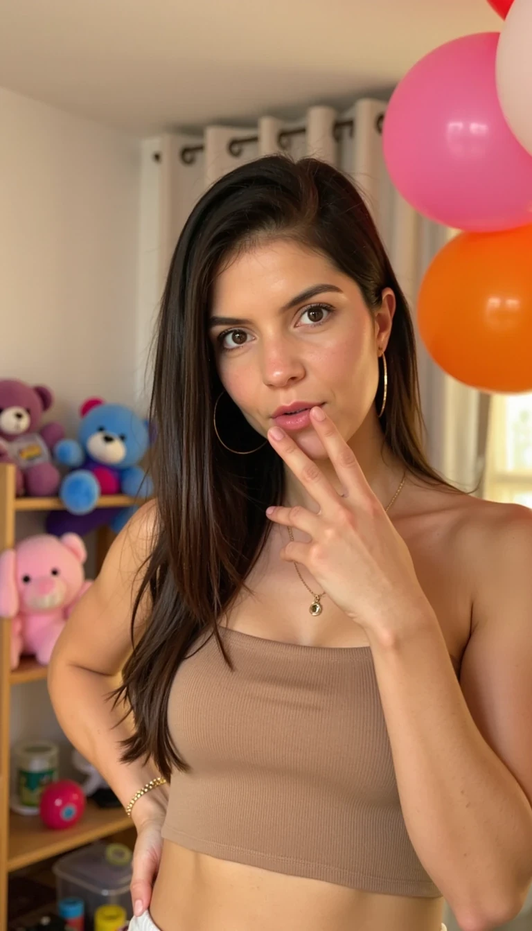 This is a photograph of a young woman taken indoors in a casual, playful setting. She has long, straight, dark hair. Her skin is fair and smooth, with a slight blush on her cheeks. She has a slender, petite physique with a small bust.

The woman is dressed in a light brown, strapless top that accentuates her collarbones and has a slightly textured fabric. She is sticking out her tongue between her index finger and middle finger in a playful gesture, with her other hand resting on her hip.

The background shows a room filled with colorful decorations, including several stuffed animals and balloons. On the left side of the image, there are plush toys, including a pink teddy bear and a blue stuffed animal. To the right, there are several balloons in pink, orange, and white, adding a festive atmosphere. The lighting in the room is warm, likely from a nearby lamp or natural light, casting a soft glow on the subject.

