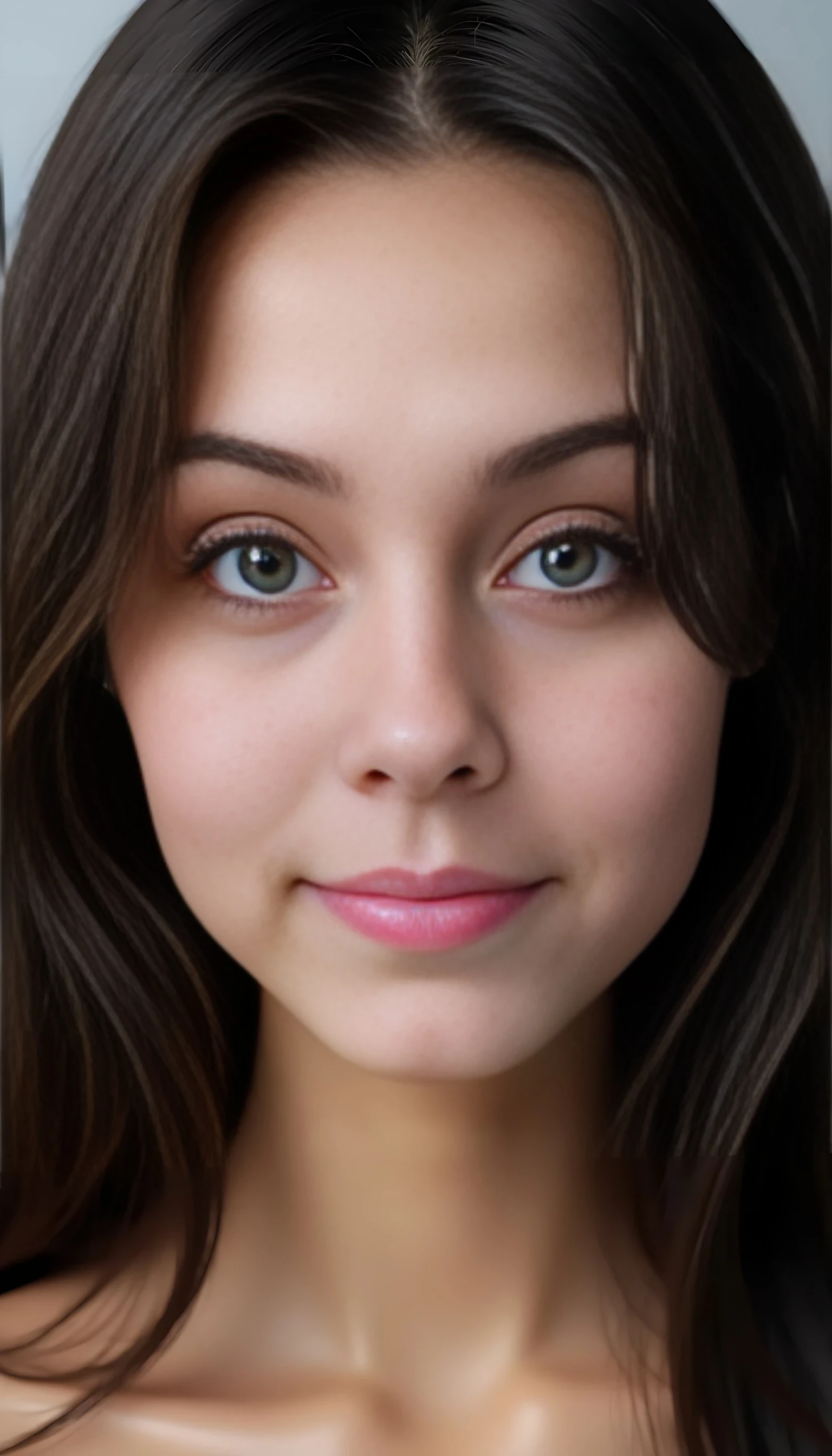 
Ultra-photorealistic portrait of a 22 yr old woman with symmetrical, soft facial features and a serene expression. Her skin is smooth, glowing with a natural complexion and subtle highlights on the cheekbones and forehead. She has gently arched eyebrows, delicately shaped and well-groomed. Her almond-shaped blue eyes are large and expressive, framed with long, dark lashes and a soft touch of natural makeup. Her lips are full and slightly parted, with a soft pink hue, appearing moisturized and balanced in proportion. Her nose is straight and finely contoured, fitting harmoniously with the rest of her face. Her hair falls naturally around her face in smooth waves, dark and lustrous, with realistic texture and volume. The lighting is soft and even, enhancing the natural beauty and subtle details of her features. Rendered in 8K resolution, cinematic style, lifelike texture, depth, and skin detail, with shallow depth of field and a high dynamic range.