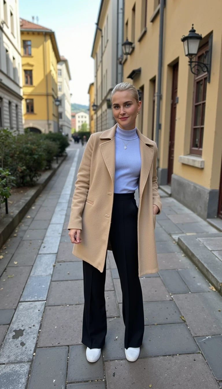photo of woman CSTMDL, A 19-year-old Swedish woman with platinum blonde hair, styled sleek and playful, stands confidently on a charming street in Stockholm. Her fair skin has delicate freckles on her nose and cheeks, and her striking blue eyes convey a confident and captivating expression. She wears a modern and sophisticated outfit: a beige wool coat, a light blue turtleneck sweater, high-waisted black trousers, and sleek white sneakers. The surrounding scenery reflects the vibrant atmosphere of the city, with cobblestone streets, elegant Scandinavian architecture, and soft lighting that highlights the charm of the urban landscape.