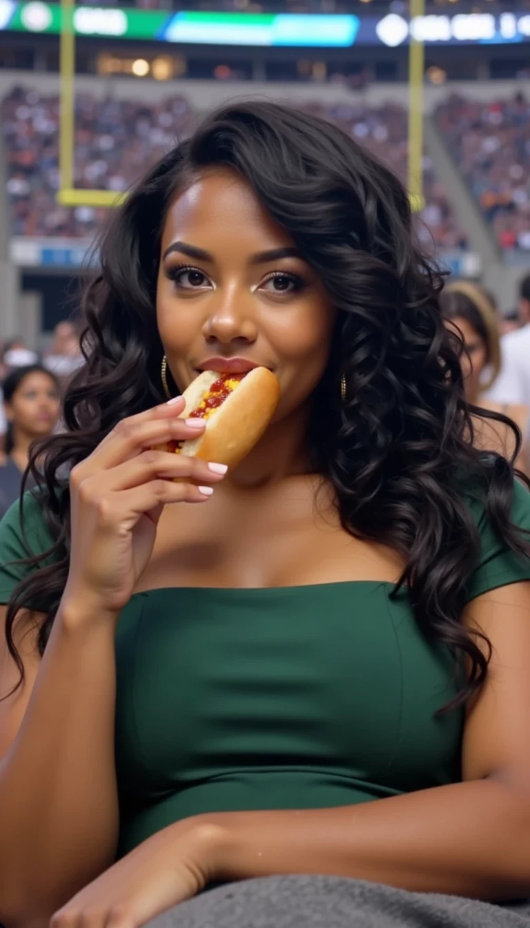 Create a photorealistic image of a stunning dark-skinned woman in her mid-20s, styled as a low-quality Snapchat-style selfie labeled CSTMDL, taken while sitting in the bleachers at MetLife Stadium during a Jets vs. Steelers game. The photo should have a casual, unfiltered look — slightly grainy and soft-focused, mimicking a real phone camera shot. In the background, there’s a packed crowd of fans wearing Jets and Steelers jerseys, adding to the energetic, game-day atmosphere.

The woman has a rich brown complexion, deep brown almond-shaped eyes, and long, wavy black hair flowing past her shoulders. Her figure is curvy, with full hips, a large butt, and a full chest. She’s wearing a Jets football jersey, casually putting a hotdog with ketchup and mustard with a bun in her mouth wide open with one hand, and her nails and toes feature a crisp white French manicure/pedicure.

Emphasize a realistic selfie angle, stadium lighting, and the authentic feel of a Snapchat moment captured during a live NFL game.