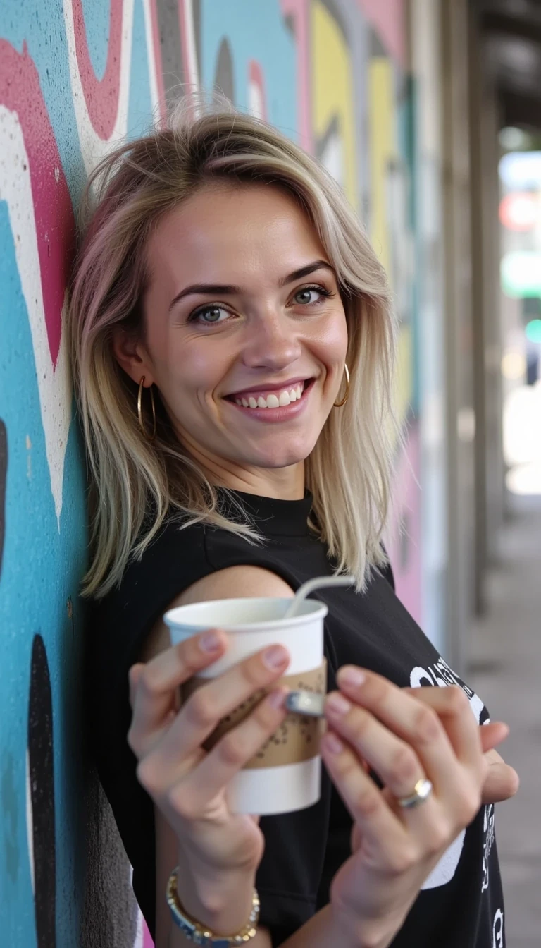 CSTMDL leaning against a graffiti wall, coffee cup in hand, lips parted in a playful grin as if caught mid-laugh, blue eyes sharp against the colorful backdrop.
