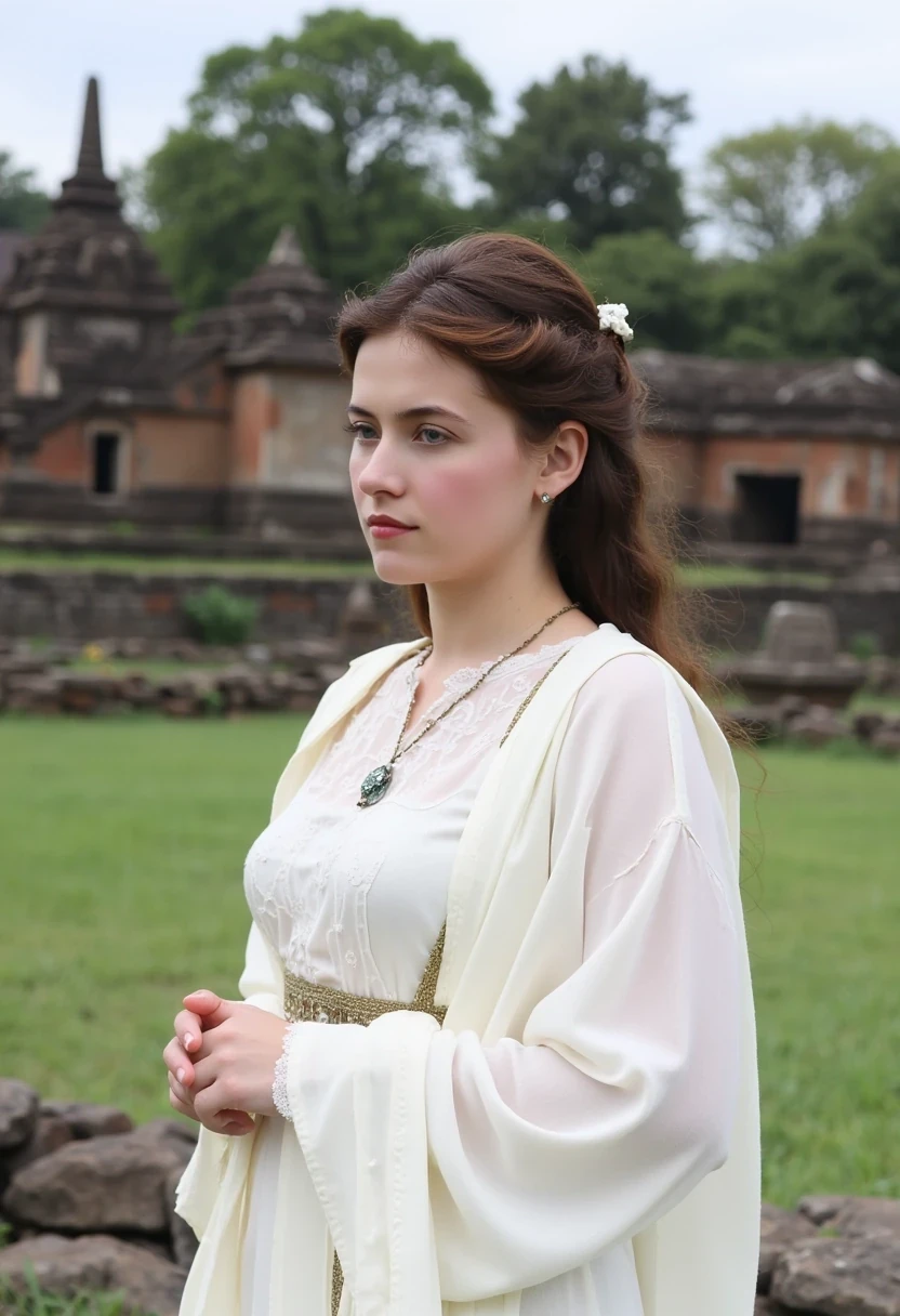 woman CSTMDL, photo ((medium)), brunette, blue eyes, cold smile, 1900 covering white dress, small pendant, tied hair, big breast, thin waist, cambodian khmer ruins in background
