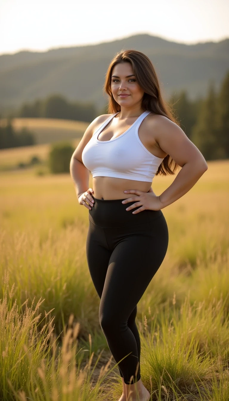 
Full shot of CSTMDL.
Female body, slim yet curvy with an athletic and toned frame, height about 66–67", weight around 118–123 lbs, head proportionate with long neck about 12", shoulders narrow-medium about 16", chest full and rounded with bust about 34–35", waist very small and defined about 23–24", hips curvy and balanced about 35–36", stomach flat and toned with clear definition, arms slender with slight muscle tone about 10", forearms about 9", hands delicate about 6.5", thighs firm and rounded about 20", calves slim about 13", legs long and straight about 32", overall strong hourglass figure with smooth proportions and symmetrical balance.
The subject is posing confidently in a sporty outfit, wearing fitted black leggings and a white crop top that highlights her toned physique. She stands in a natural meadow, surrounded by tall grass and wildflowers, with soft hills and scattered trees in the distance. Warm sunlight casts a golden glow across the scene, creating a fresh and dynamic outdoor atmosphere. The composition is balanced with the model slightly off-center, the meadow softly blurred to emphasize her figure. The lighting is soft and flattering, evoking a sense of energy, freedom, and sporty confidence in nature.