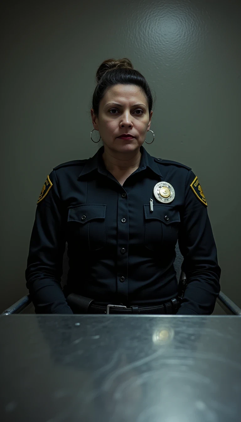 photo of woman CSTMDL, boring low quality snapchat photo circa 2015, a thin woman police officer sitting in an interrogation room with a stern expression and large breasts. The room is dimly lit, with a cold, industrial atmosphere. There is a metal table in front of her, reflecting some of the light. The woman officer is wearing modern police outfit with her breasts bulging and police tactical belt and has a serious yet composed demeanor. The camera flash is on, casting a dramatic shadow behind her against the plain walls. The sharp lighting creates high contrast, accentuating her features and the details of her uniform. The scene feels tense and focused, capturing the intensity of the moment