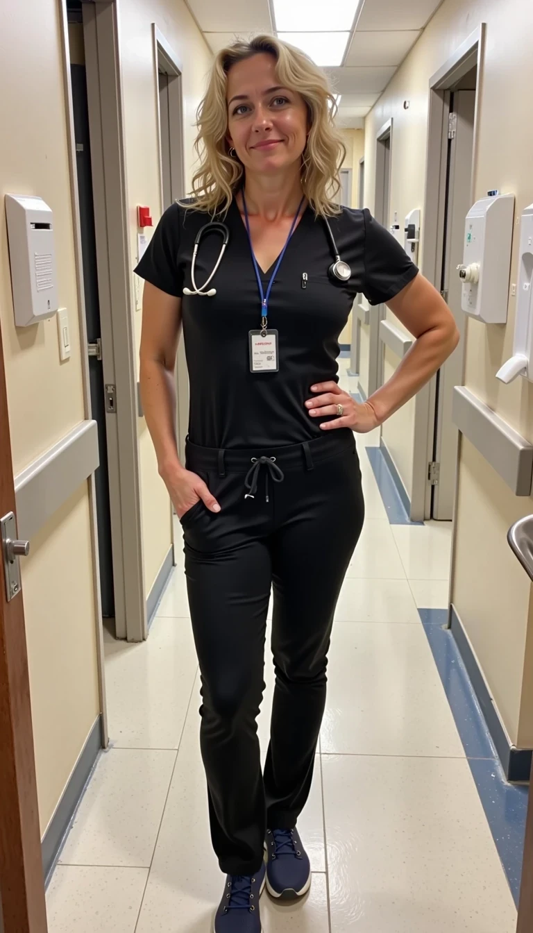 A fashionable mid-30s CSTMDL woman posing indoors in a hospital bathroom. She has shoulder length curly blonde hair and tanned skin. She is thin. She has a small waist. Her breasts are the focal point of the image. She wears black tight fitting nurse scrubs, with a name tag hanging from her pocket and a stethoscope draped around her neck. The style is an informal selfie, full body shot in the bathroom. Her expression is pleasant and nurturing. Her skin is super realistic. She has one hand on her hip, jutting it out slightly to show off her curves. Boring low quality snapchat.
