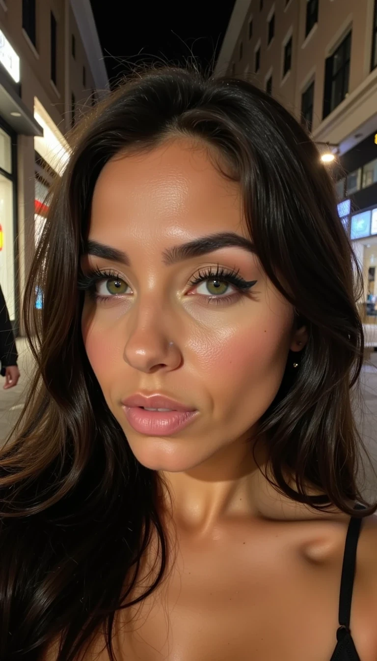 boring low quality Snapchat photo circa 2013, iPhone 4 selfie of CSTMDL, candid close-up of a young Mediterranean woman with golden-olive skin reminiscent of Kim Kardashian, extra-long brunette hair in glossy waves, almond-shaped green eyes with heavy black lashes, sculpted brows, high contoured cheekbones, button nose, and plump nude-toned lips. her skin shows pores across her nose and cheeks, redness around nostrils, subtle under-eye bags, uneven forehead tone, faint blemishes on chin, and oily shine across her forehead reflecting the neon bar lights. baby hairs frizz in humid night air, peach fuzz visible on her jaw. lighting uneven: yellow neon casts strange color on her cheeks, while shadows sink under her chin. iphone 4 realism: muted colors, pixel noise in darker background, soft blur from shaky hand, smudge streak across lens She carries designer shopping bags walking down a bustling city street, cars and blurred pedestrians behind her. Lighting is uneven: cloudy daylight makes her face appear dull while reflections from shop windows add random bright spots. The image is grainy with poor sharpness and compression artifacts.