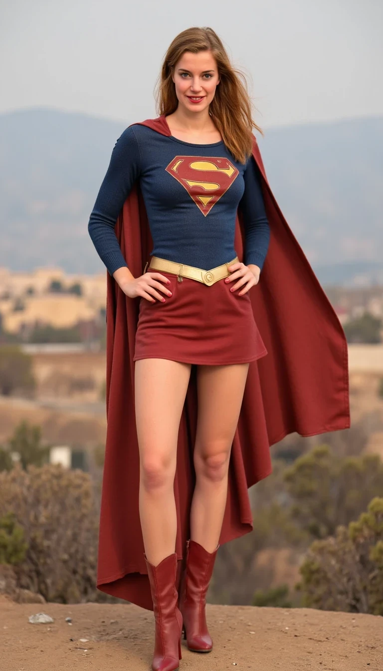scarlett johansson, supergirl whit miniskirt and nude, powerful woman, very beautiful, standing on beadrom, long redhead messy hair, red lips, light skin, thick thighs, big breasts, tight top and sexy cleavage, nsfw, , red boots, highly detailed 8k hd, looking at viewers, full body, heroic pose,
