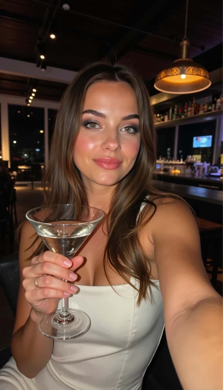 IMG_1343.HEIC, CSTMDL woman selfie wide angle, brown long hair, wearing white short dress, nighttime, modern bar, smiling holding a martini 
low-quality Snapchat selfie
