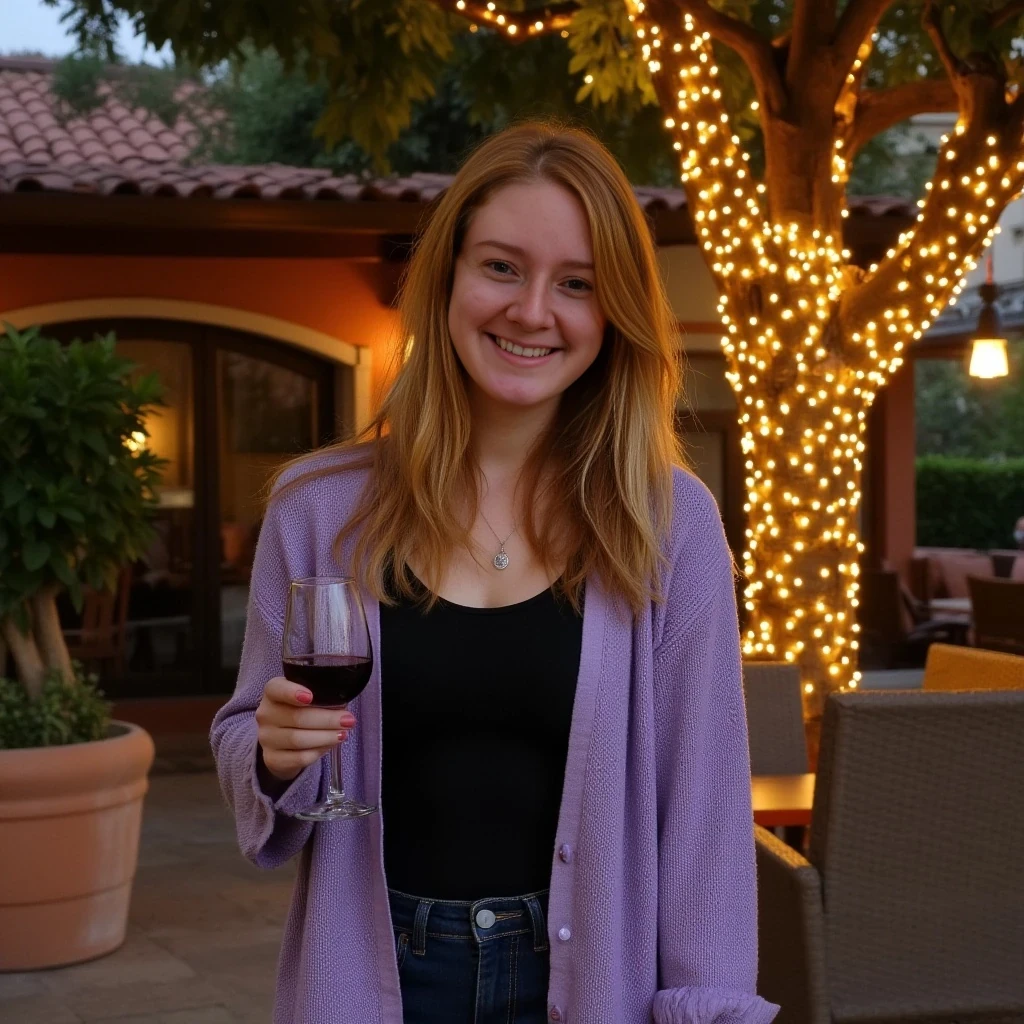 A full body shot photo of a woman standing outdoors at a cozy, warmly lit patio in the evening, with soft, glowing lights wrapped around a tree behind them creating a charming atmosphere. The image is rich in detail, with warm tones and clear textures throughout. The woman has fair skin, a slim build, and long reddish-blonde hair, also worn loose. She is smiling warmly at the camera, holding a glass of red wine in her right hand, and wears a soft-textured lavender cardigan over a black top. The background features a large tree with sparkling string lights wrapped around its trunk and branches, adding a magical touch to the scene. The setting suggests a private outdoor seating area, with elements like terracotta-tiled roofing, greenery, and rattan chairs contributing to a serene, inviting vibe. The overall composition is balanced, with the woman framed against the softly glowing tree, and the lighting enhances the warm, intimate feel of a quiet evening shared among friends. The details are vivid, with textures of clothing, skin, and background elements clearly visible, while the warm lighting creates a relaxed and joyful mood