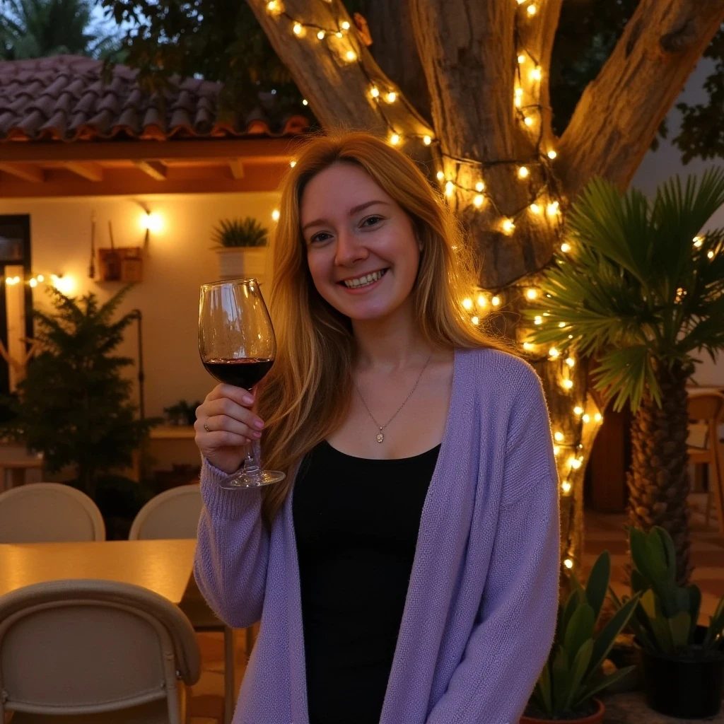 A full body shot photo of a woman standing outdoors at a cozy, warmly lit patio in the evening, with soft, glowing lights wrapped around a tree behind them creating a charming atmosphere. The image is rich in detail, with warm tones and clear textures throughout. The woman has fair skin, a slim build, and long reddish-blonde hair, also worn loose. She is smiling warmly at the camera, holding a glass of red wine in her right hand, and wears a soft-textured lavender cardigan over a black top. The background features a large tree with sparkling string lights wrapped around its trunk and branches, adding a magical touch to the scene. The setting suggests a private outdoor seating area, with elements like terracotta-tiled roofing, greenery, and rattan chairs contributing to a serene, inviting vibe. The overall composition is balanced, with the woman framed against the softly glowing tree, and the lighting enhances the warm, intimate feel of a quiet evening shared among friends. The details are vivid, with textures of clothing, skin, and background elements clearly visible, while the warm lighting creates a relaxed and joyful mood
