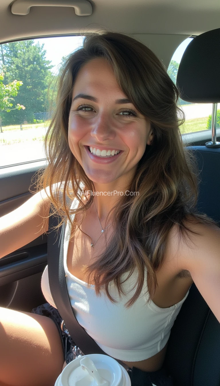 boring low quality snapchat photo circa 2015, A young woman with a warm smile, sitting in the driver's seat of a cozy car. She has soft, wavy brown hair cascading past her shoulders. The sunlight streams through the window, casting a gentle glow on her face. The interior of the car is neat and comfortable, with a coffee cup in the cup holder and a small plant on the dashboard. The background outside the window shows a scenic road lined with trees and blue skies, sexy