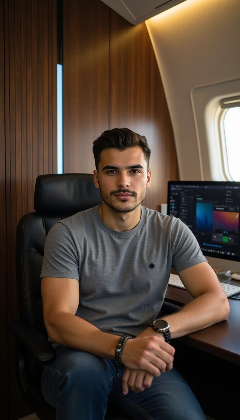 a full body of a young, handsome man. He has a symmetrical oval face, clean and well-defined jawline, neatly groomed short brown hair styled upwards, and light stubble beard. His eyebrows are dark and sharp, his eyes medium-sized, brown and expressive, with a confident yet approachable look. His lips are full and well-shaped, with a natural calm smile.

The man has an athletic, fit body with broad shoulders and toned arms. He is wearing a casual modern outfit: a fitted grey t-shirt (ZARA style) and slim jeans. He is sitting in his sitting in his Photorealistic modern office interior, shot with a professional wide-angle lens. A sleek matte black desk with a 34-inch curved monitor sits at the center. Behind the desk, the wall is covered with vertical black wooden lamellas, with integrated LED light strips glowing in a soft pale blue color between them. Realistic textures of wood and matte finishes, soft reflections on the monitor and desk surface, natural shadows, high dynamic range lighting, ultra-detailed, 8K resolution, cinematic look

The atmosphere is elegant and exclusive — golden sunlight shines through the jet window, illuminating his face and creating a soft luxury lifestyle vibe. The photo feels cinematic, influencer-style, high quality, professional composition.
Well lit picture, Style: Photorealistic Lighting: studio lighting 
Details: Bright Lighting, High Detail, 4K
he stand infront of camera , photoghraped by a photograph
