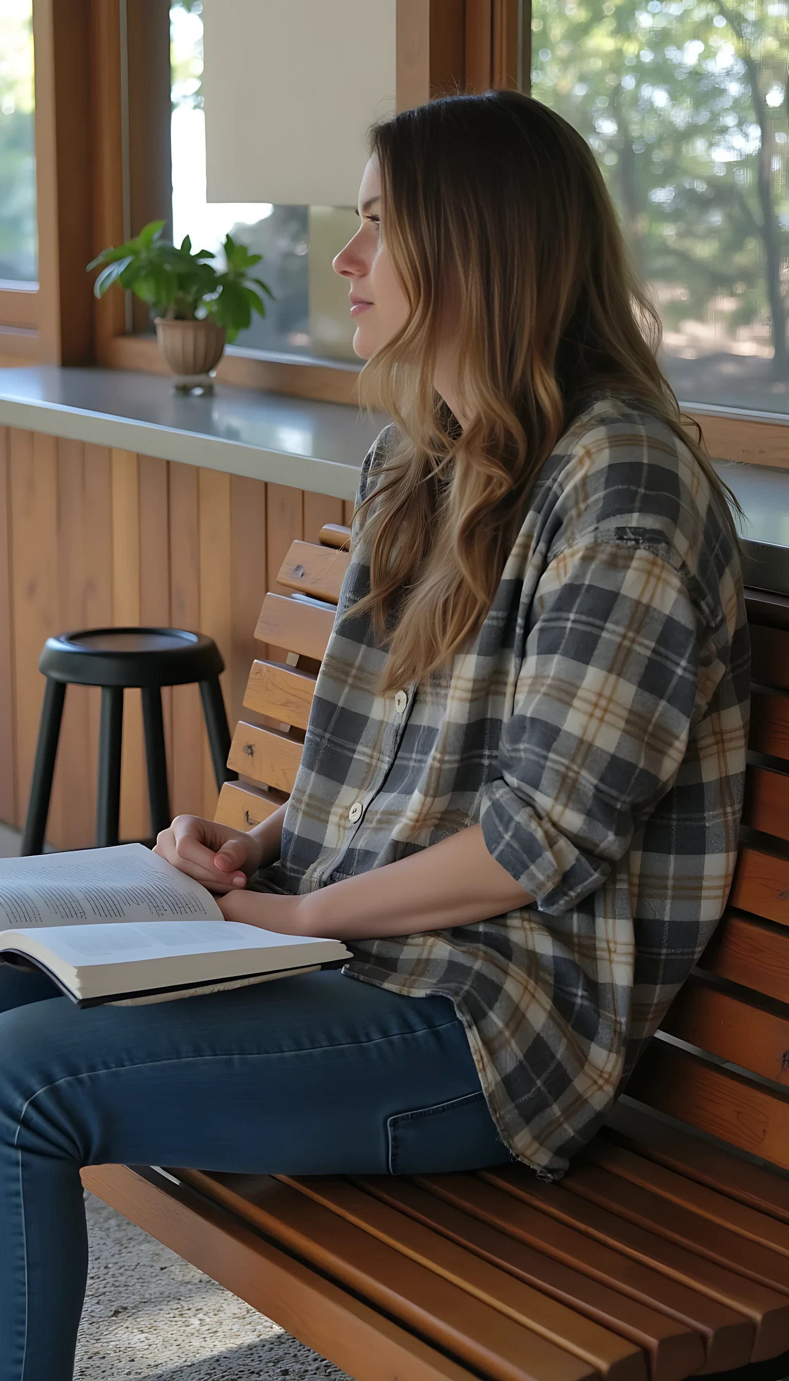 she is sitting on bench 