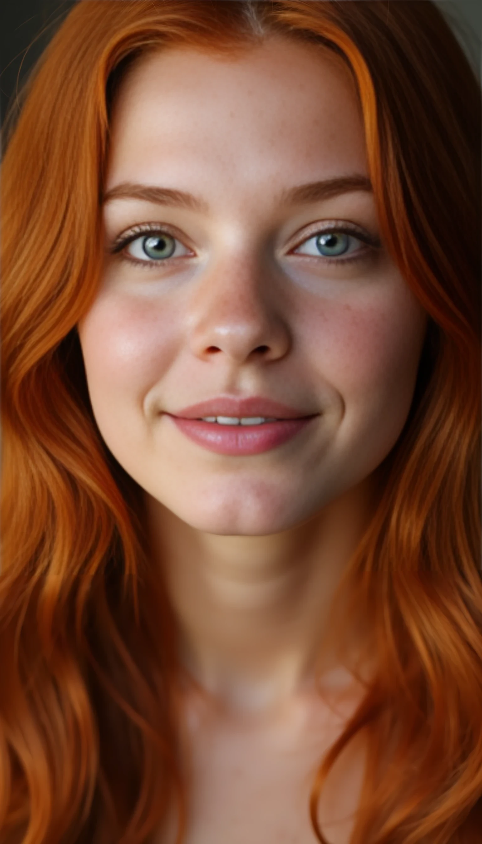 A portrait photo of a beautiful 20 years old model, mixed ethnicity of half white American half Brazilian, with soft red hair, emerald green eyes, light freckles across her nose, ultra detailed eyes with sharp iris reflections, slight smile, studio-quality, extremely realistic HD