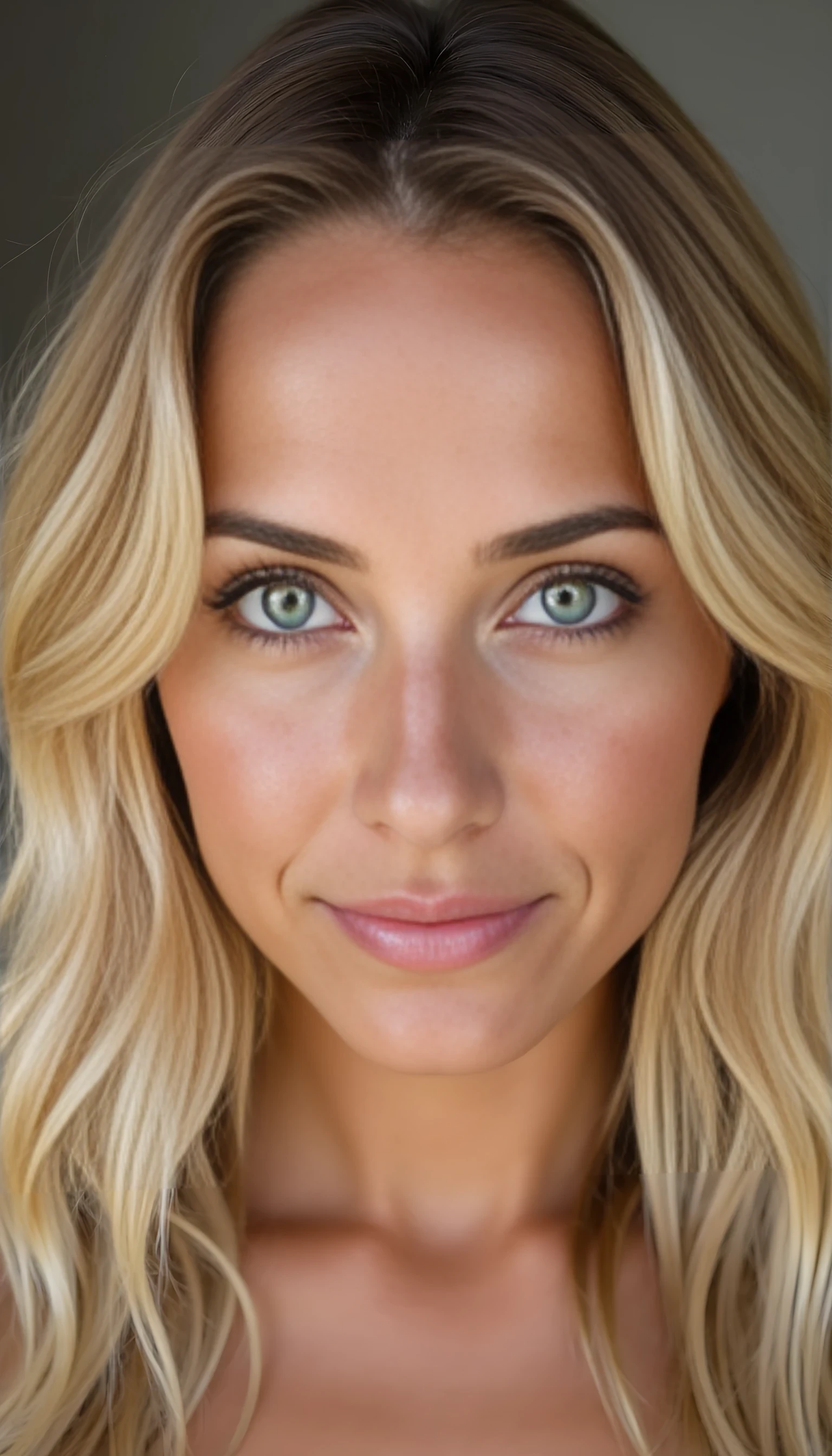 A portrait photo of a beautiful 20 years old woman, mixed ethnicity of half white American half Brazilian, with blonde hair, ultra detailed eyes with sharp iris reflections, slight smile, high-quality